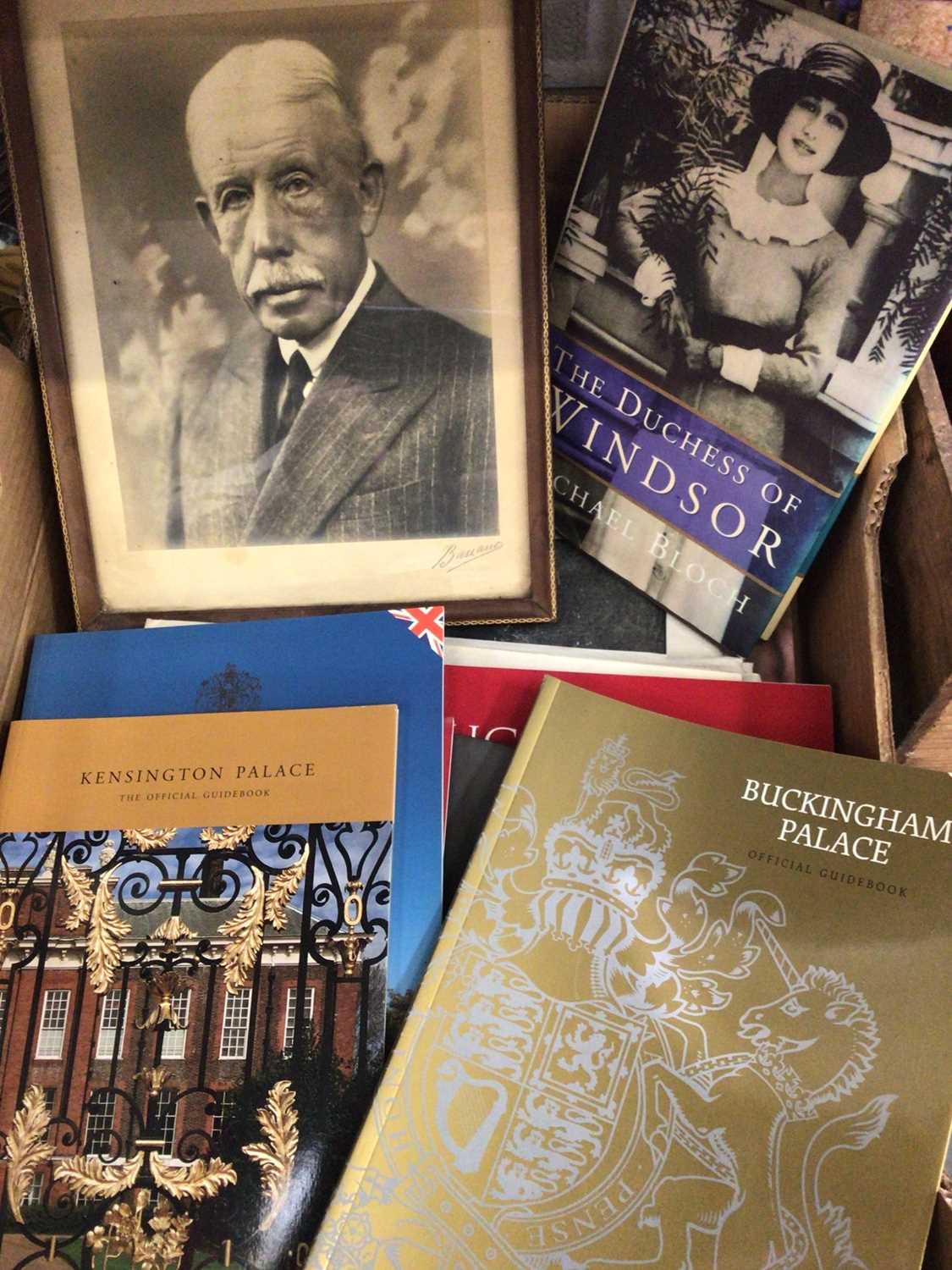 Lot 69 - 1930s-40s black and white portrait photograph of Henry Lascelles, 6th Earl of Harewood, collection of Royal related ephemera and books (2 boxes)
