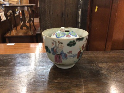 Lot 120 - Small collection of Chinese Qing period porcelain, including a 19th century famille rose novelty cup with hidden figure, a polychrome tea bowl and saucer, and a small Kangxi blue and white dish, 17...