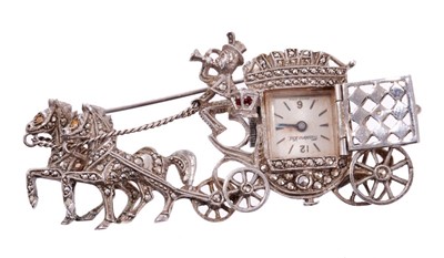 Lot 711 - Good quality 1960s silver and marcasite novelty brooch watch in the form of a coach and horses