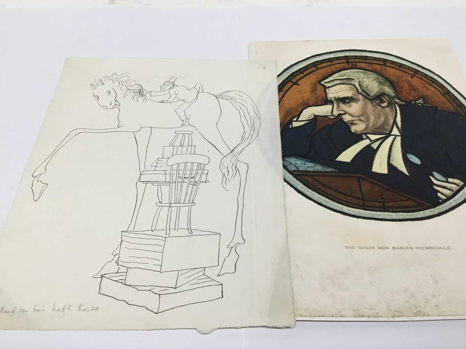 Lot 120 - Helen Kapp (1901-1978) pen and ink ‘Getting in his high horse’ signed verso, 39 x 23cm, and print of Rt Hon Baron Merrivale signed Edmond X Kapp 1925 signed