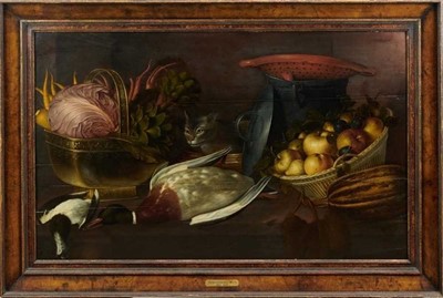 Lot 1230 - Cornelius Jacobsz Delff (1571-1643), oil on panel, still life of dead wildfowl, fruit, vegetables and a curious cat, in walnut veneered frame (splits to panel)