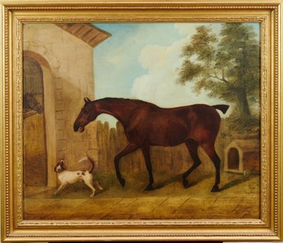 Lot 1054 - 19th century English School, oil on canvas, a bay horse and dog before a stable and kennel, in gilt frame