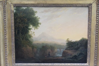 Lot 1229 - Circle of Richard Wilson, a late 18th century oil on panel, fisherman before a waterfall, in gilt frame