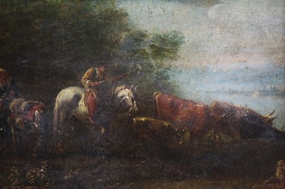 Lot 1057 - 18th century English School, oil on canvas, herdsman and cattle in landscape, in gilt frame