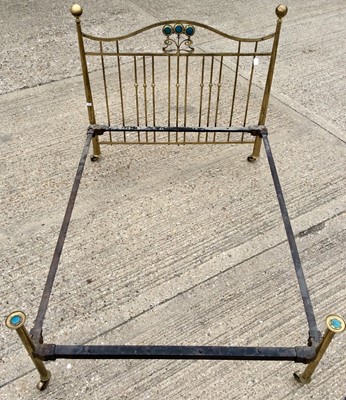 Lot 1349 - Good quality Art Nouveau brass bed with Ruskin style cabochon pottery panels