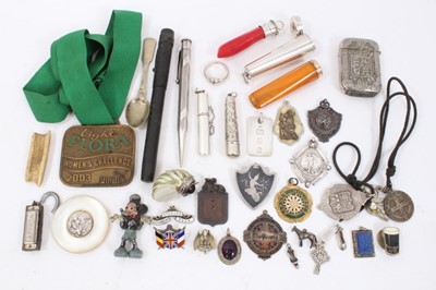 Lot 148 - Group silver fobs and pendants, silver pencil, 9ct gold mounted amber cheroot in silver case and other items