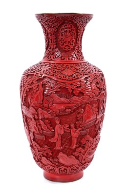 Lot 883 - Antique Chinese red cinnabar lacquer vase with figure and tree decoration