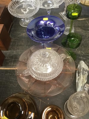 Lot 143 - Group of glassware to include two Wedgwood green glass candlesticks , M'Dina glass club-shaped vase, Dartmouth, Waterford clock, Victorian, Art Deco and other glass