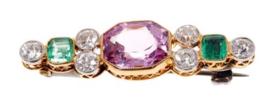 Lot 609 - Edwardian pink topaz, diamond and emerald brooch of suffragette interest