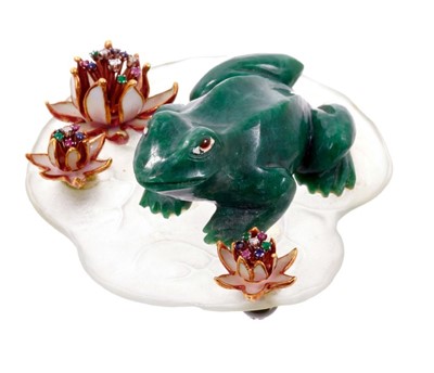 Lot 613 - David Balogh - gold and multi-gem novelty paperweight in the form of a frog on a lily pad