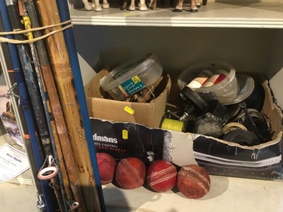 Lot 274 - Group of fishing reels, accessories, rods and cricket balls