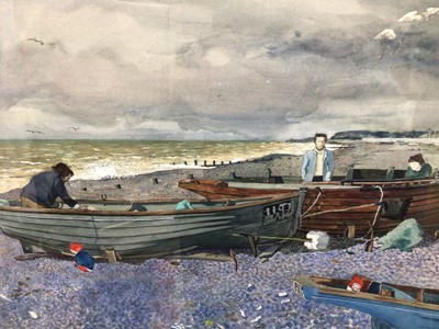 Lot 142 - English School, 20th century, watercolour, Fishermen on the beach, Shoreham on Sea, signed Miles and dated '73