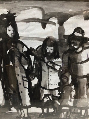 Lot 149 - Angela Stones (1914-1995) watercolour and ink, titled 'Strolling Players' , signed, Mall Galleries label verso