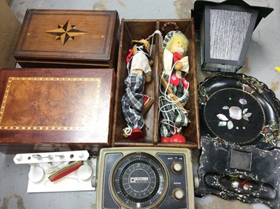 Lot 349 - Cutlery tray, two wooden boxes, two puppets, papier-mâché items and sundries