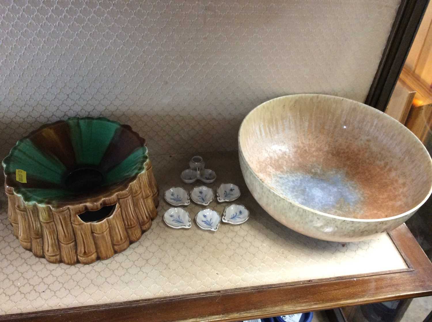 Lot 353 - Ruskinware bowl, majolica spittoon and part of childs tea set