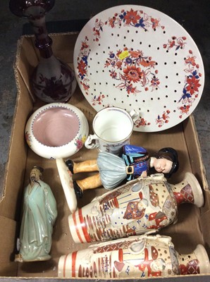 Lot 343 - Group of ceramics including pair satsuma vases, strainer, ornaments