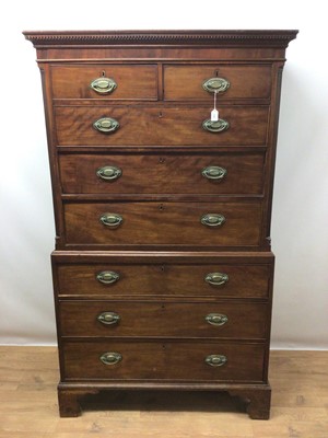 Lot 1340 - George III mahogany chest on chest with brass oval handles on bracket feet