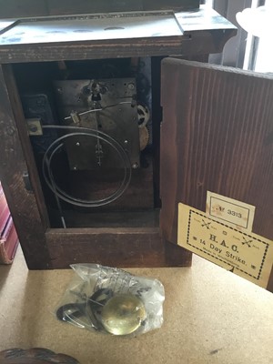 Lot 198 - Edwardian mantel clock by Boby & Jannings of Ipswich together with a Victorian Oak Bulkhead clock with plaque "Norah 1897"
