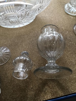 Lot 200 - Collection of cut glass and pressed glass wares to include decanters, cake stands and other pieces