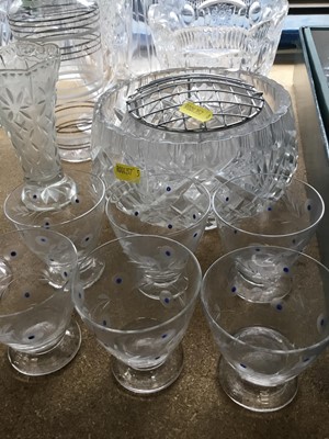 Lot 200 - Collection of cut glass and pressed glass wares to include decanters, cake stands and other pieces