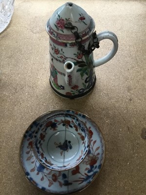 Lot 201 - 18th Century Chinese porcelain coffee pot together with a Chinese porcelain teabowl and saucer with Batavia glaze