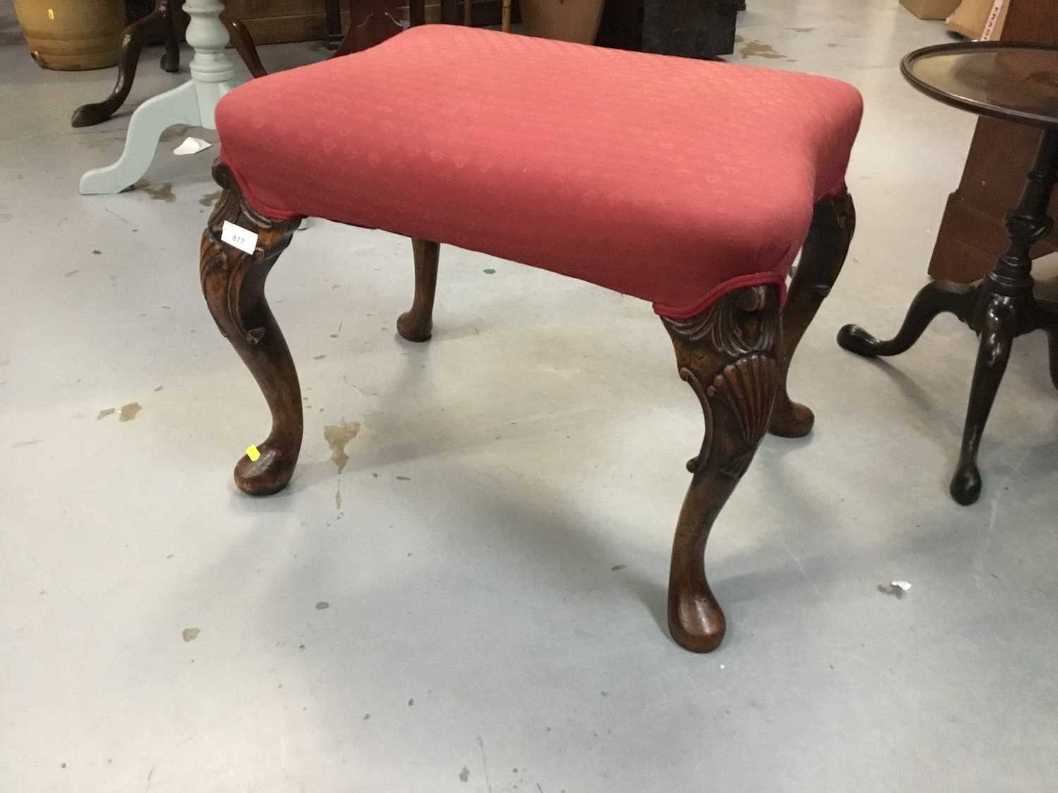 Lot 877 - Good quality 1930s Georgian-style dressing stool with carved cabriole legs and shell carved knees , red upholstery on pad feet 57 x 48 cm