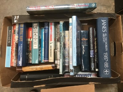 Lot 155 - Two boxes of books on military history to include a complete and mint edition 4 volume set of The Oxford Encyclopaedia of Maritime History