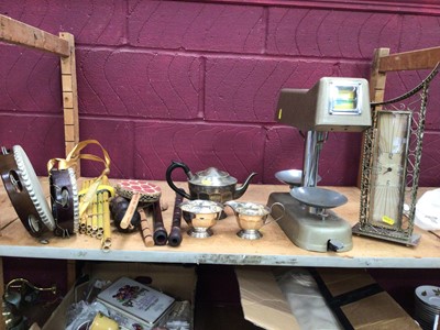 Lot 509 - Sundry items, including silver plate, textiles and clothing accessories, etc (3 shelves)