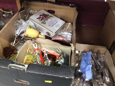 Lot 509 - Sundry items, including silver plate, textiles and clothing accessories, etc (3 shelves)