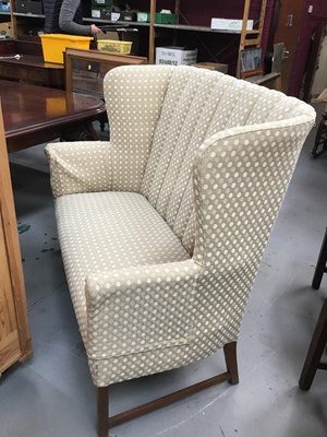 Lot 881 - Traditional high back sofa with polka dot upholstery, on square legs joined by stretchers