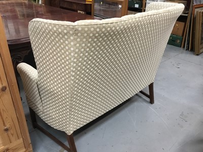 Lot 881 - Traditional high back sofa with polka dot upholstery, on square legs joined by stretchers