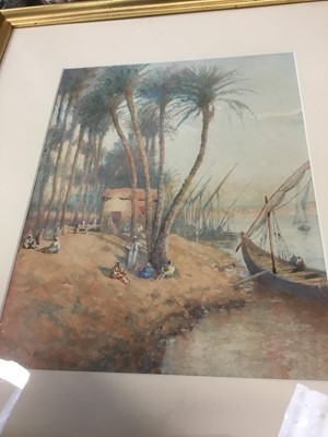 Lot 158 - Early 20th century watercolour study of figures at the shore of the Nile together with a group of various pictures and prints