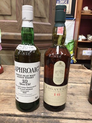 Lot 51 - Two vintage bottles of scotch Whisky, including ten year old Laphroaig and sixteen year old Lagavulin, and four further bottles of wine and spirits