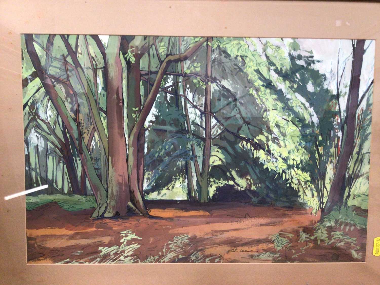 Lot 548 - Kit Leese watercolour and ink study - Woodland Glade, Russell Thomas watercolour and ink study - Cottage and Stump, other paintings, prints and two framed art posters