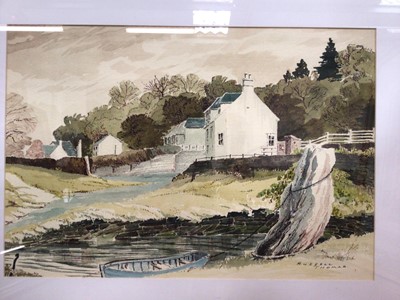 Lot 548 - Kit Leese watercolour and ink study - Woodland Glade, Russell Thomas watercolour and ink study - Cottage and Stump, other paintings, prints and two framed art posters