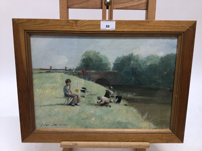Lot 88 - John Lawrence, oil on canvas, "Fred and the Boys Fishing", signed, also inscribed and dated verso 1980, in wooden frame, 27 x 39cm