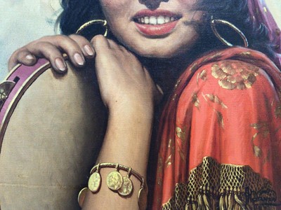 Lot 89 - Andre David, A beautiful Gypsy girl holding a tambourine, oil on canvas, signed, in gilt frame, 45 x 37cm