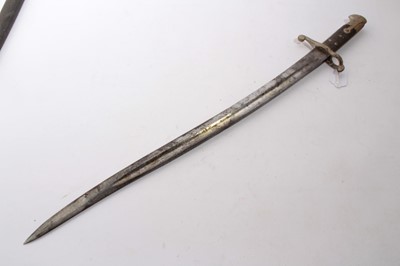 Lot 859 - Victorian 1853 pattern Enfield bayonet for the Martini Henry rifle, with fullered blade and black checkered grip, in leather scabbard (with later painted decoration).