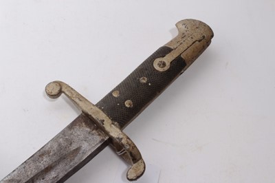 Lot 859 - Victorian 1853 pattern Enfield bayonet for the Martini Henry rifle, with fullered blade and black checkered grip, in leather scabbard (with later painted decoration).