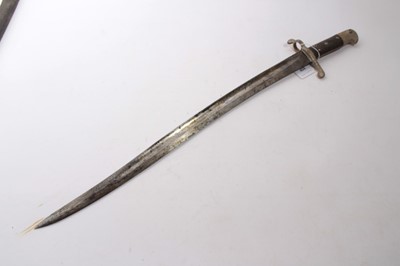 Lot 859 - Victorian 1853 pattern Enfield bayonet for the Martini Henry rifle, with fullered blade and black checkered grip, in leather scabbard (with later painted decoration).