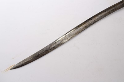 Lot 859 - Victorian 1853 pattern Enfield bayonet for the Martini Henry rifle, with fullered blade and black checkered grip, in leather scabbard (with later painted decoration).