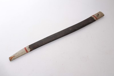 Lot 859 - Victorian 1853 pattern Enfield bayonet for the Martini Henry rifle, with fullered blade and black checkered grip, in leather scabbard (with later painted decoration).