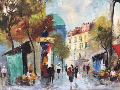 Lot 81 - Mid 20th century French School, oil on canvas, A Parisian street scene, indistincly signed, in white painted frame