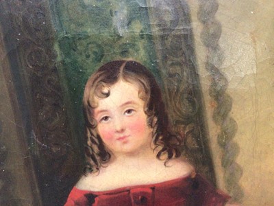 Lot 92 - Early 19th century naive English School, oil on canvas, a pretty girl reclining in a large elbow chair, in gilt frame, 37 x 27cm