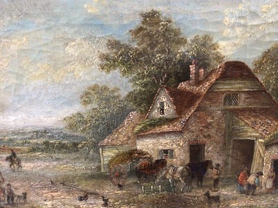 Lot 93 - Attributed to Georgina Lara (f.l. 1862-1871), oil on canvas, a village scene with figures and a hay cart by farm buildings, in gilt frame, 18.5 x 13cm