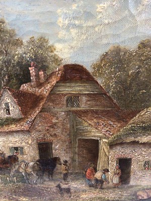 Lot 93 - Attributed to Georgina Lara (f.l. 1862-1871), oil on canvas, a village scene with figures and a hay cart by farm buildings, in gilt frame, 18.5 x 13cm