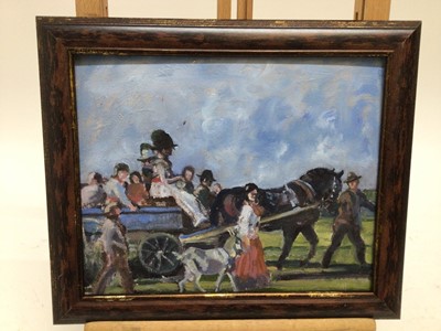 Lot 86 - After Sir A.J. Munnings, oil on board, Gypsy travelers, in painted frame, 21 x 25cm