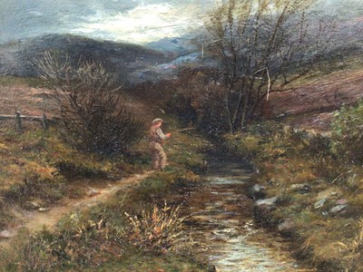 Lot 94 - Mid 19th century English School, oil on canvas, A windswept moorland scene with an angler fishing by a stream, indistinctly monogrammed, in gilt frame, 25 x 34cm