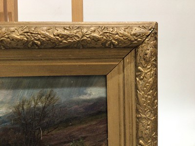 Lot 94 - Mid 19th century English School, oil on canvas, A windswept moorland scene with an angler fishing by a stream, indistinctly monogrammed, in gilt frame, 25 x 34cm