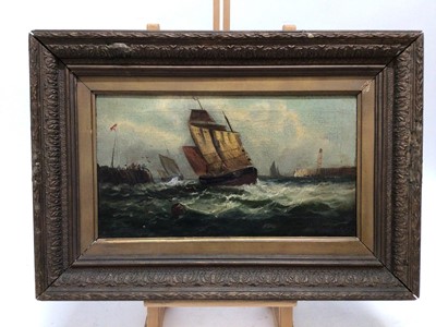 Lot 95 - Mid 19th century English School, oil on canvas, fishing vessels at a harbour entrance, in gilt frame, 25 x45cm